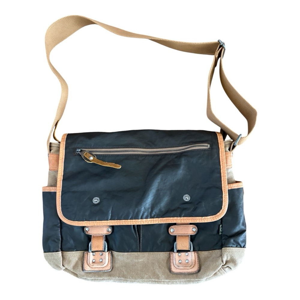 TSD Brand Rooted In California Canvas Leather Crossbody Bag Dark Brown Khaki Tan